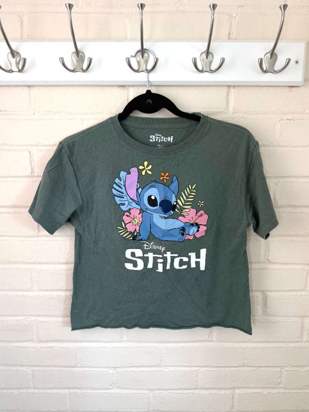 Disney | Lilo & Stitch Women's Cropped Olive Green Graphic T | XS